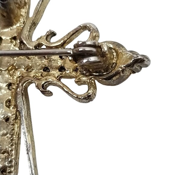 Vintage Aurora Borealis Rhinestone Cross Brooch Pin Ornate Gold Tone Pendant - Picture 4 of 6